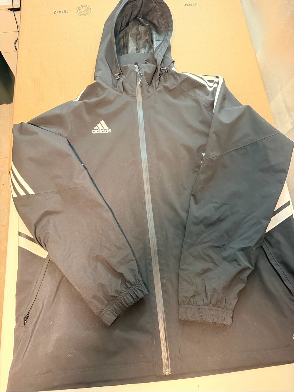 adidas Black Hooded Windbreaker with White Stripe Accents
